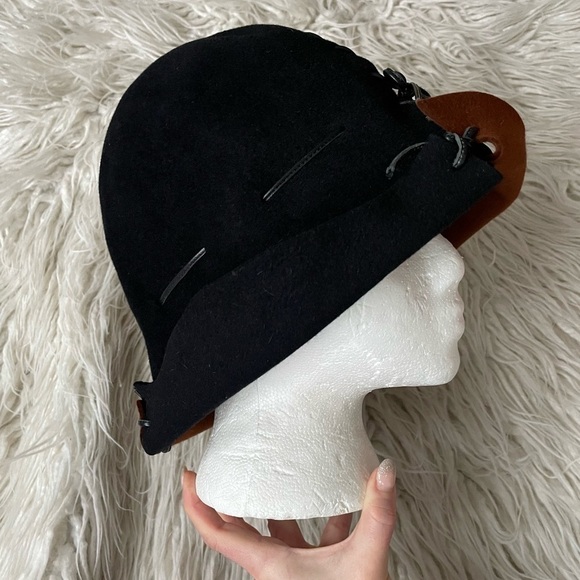 Christine A. Moore Colorblock Brown Black Felt Leather Whipstitch Hat One Size - Picture 2 of 8